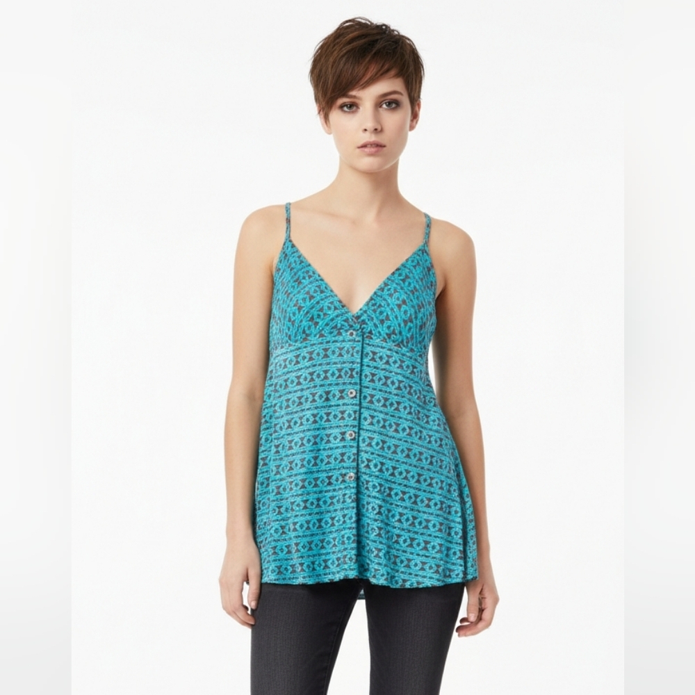 Free People Tank Blue Orange Y2K Babydoll Aztec Jersey Boho Hippie Festival S